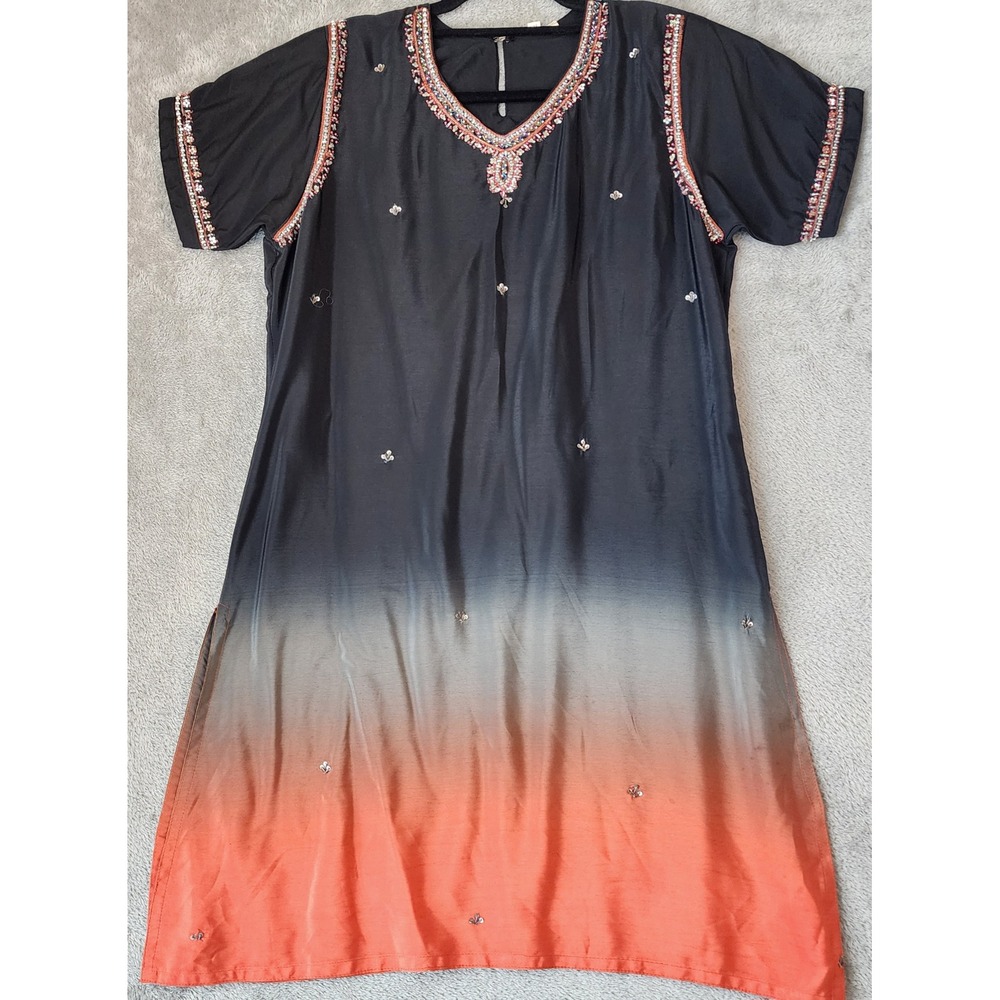 Womens Tunic Medium Black Orange Ombre Beaded Sequin V-Neck Side Slit Kurta